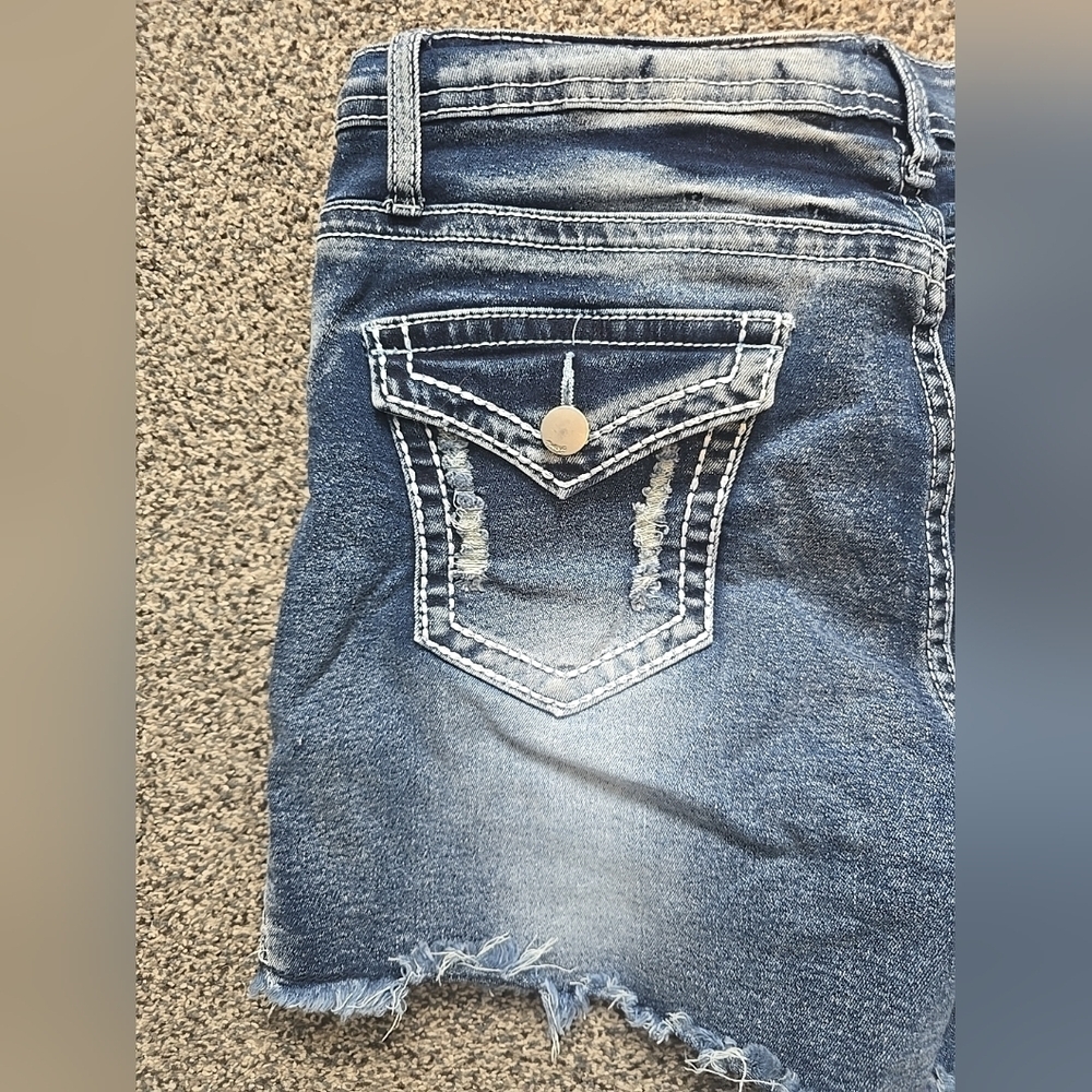 Distressed denim shorts Stars & Stripes Dark Wash High Rise Womens 29 - Picture 7 of 12
